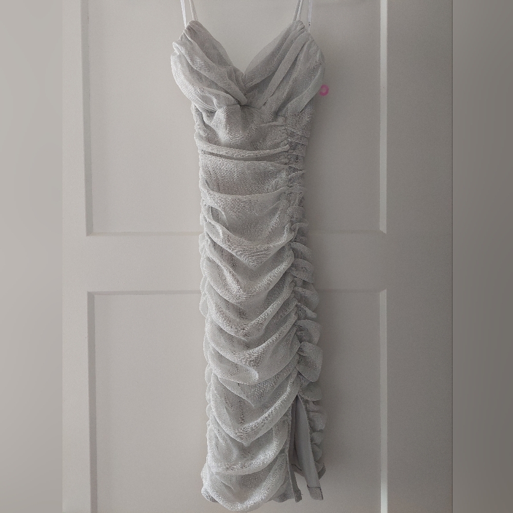 Lulus Get Ready to Sparkle Silver Ruched Mesh Bodycon Mini Dress XS